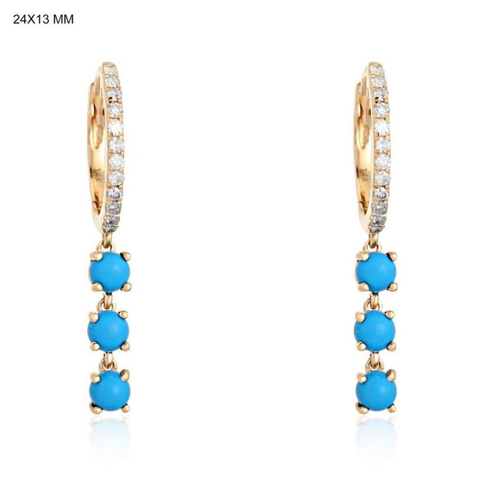 Turquoise Trio Drop 14K (or 18k upon request) Yellow Gold Diamond Hoops Earrings